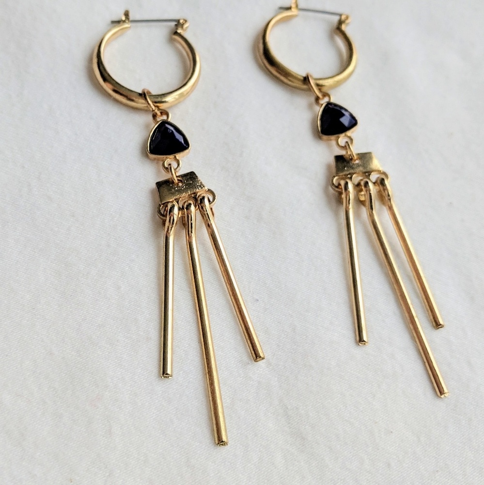 Blue Stone Gold Tassle Hoop Dangle Earrings